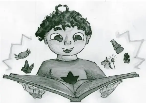 Ilustración de un niño leyendo un libro grande, con una estrella en el pecho y elementos decorativos como aves y hojas a su alrededor.