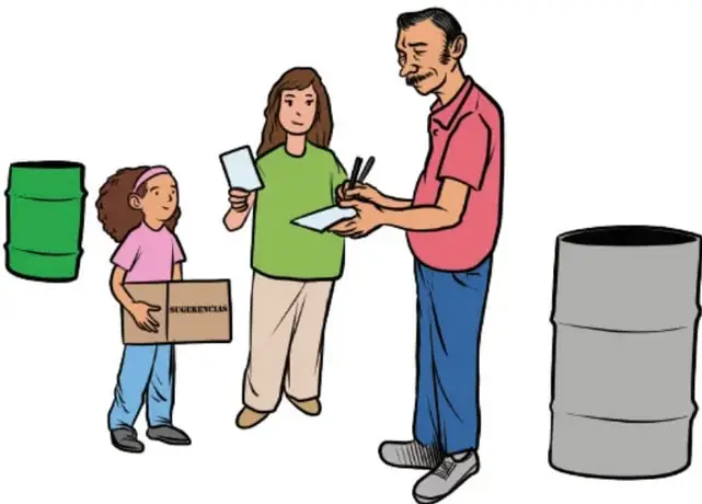 Ilustración de tres personas (una niña con un cartel de 'Referencias', una joven con tarjetas y un adulto con cuaderno y lápiz) junto a botes de basura verde y gris, representando la entrega de recomendaciones de la comunidad.