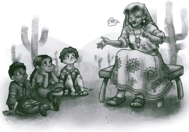 Ilustración de una abuela sentada en una banca contando un cuento a tres niños en un entorno desértico con cactus.