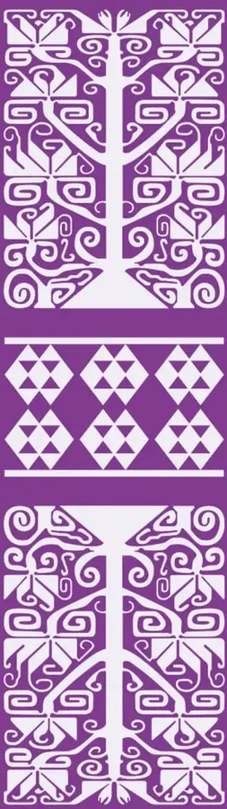 Tres diseños textiles con patrones geométricos en blanco sobre fondo morado: el superior y el inferior muestran grecas y figuras antropomorfas estilizadas; el central muestra una franja de rombos y triángulos formando estrellas de ocho puntas.