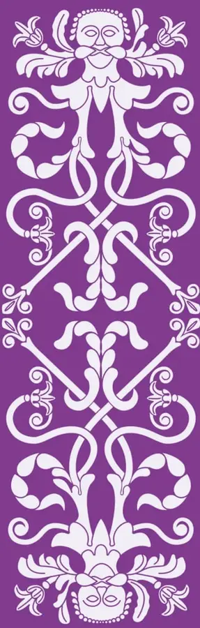 Ilustración decorativa vertical en color morado con motivos florales y geométricos simétricos, estilo textil tradicional mexicano.