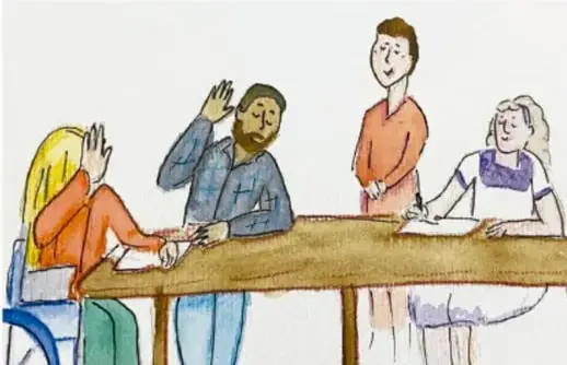 Ilustración de una asamblea: cuatro personas sentadas alrededor de una mesa, una de ellas levanta la mano para pedir la palabra.