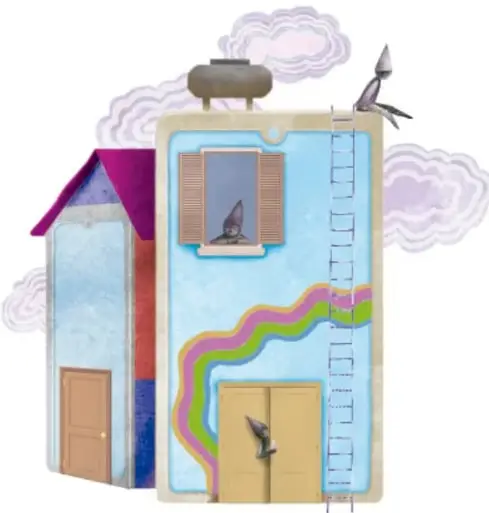 Nube verde con objetos y animales flotando: regadera, globo, lápiz, lupa, planta, mariposa, pez, taza, microscopio, teléfono, reloj, globo terráqueo, telescopio, caja y celular.