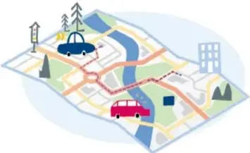 Ilustración de un croquis o mapa isométrico de una colonia con calles, edificios, un camión rojo y zonas verdes (crédito: Isar Emmanuel Díaz Rojas, Guanajuato).