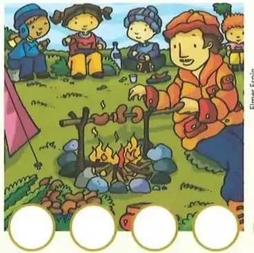Ilustración de niños y un adulto preparando alimentos junto a una fogata durante un campamento.