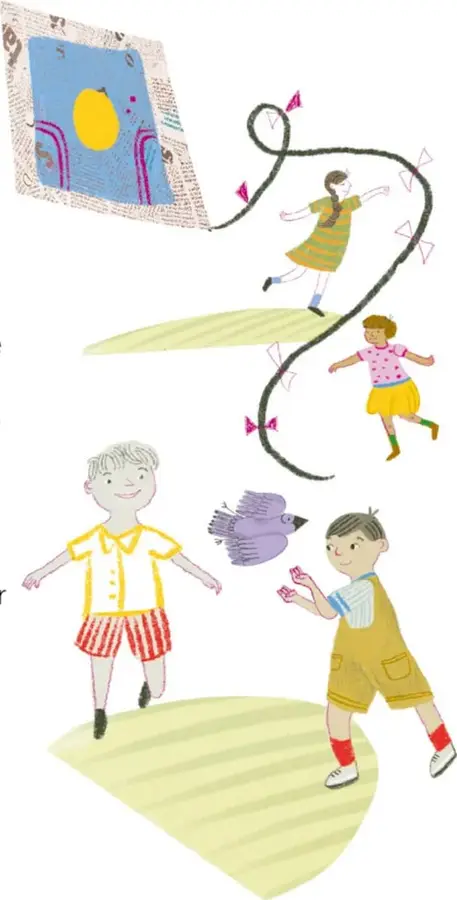 Ilustración de una niña con vestido verde y amarillo saltando sobre una línea curva, junto a un marco decorado con un sol amarillo.
