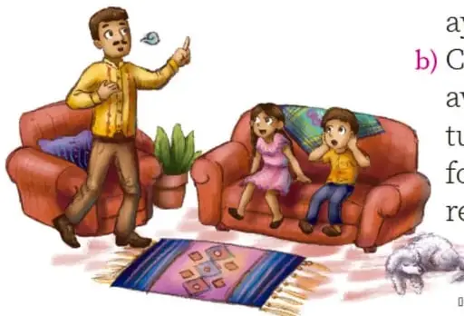 Ilustración de un adulto de pie señalando con el dedo mientras habla, y dos niñas sentadas en un sofá rojo mostrando sorpresa o preocupación; incluye una alfombra y una planta.