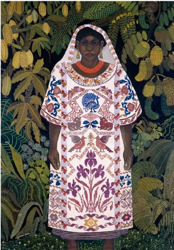 Reproducción de la pintura India oaxaqueña (1928) de Ramón Cano Manilla: mujer indígena con huipil bordado y velo blanco, de pie, sobre un fondo de vegetación tropical con mazorcas de cacao.