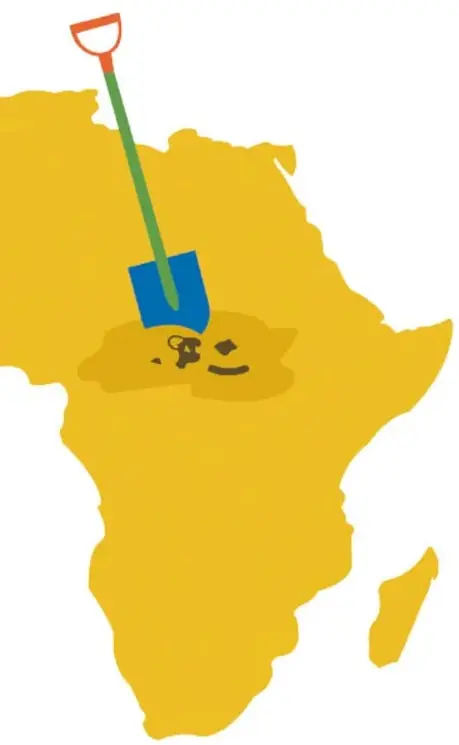 Silueta amarilla del continente africano con una pala clavada en el centro, símbolo de la excavación y extracción ilegal de restos arqueológicos.