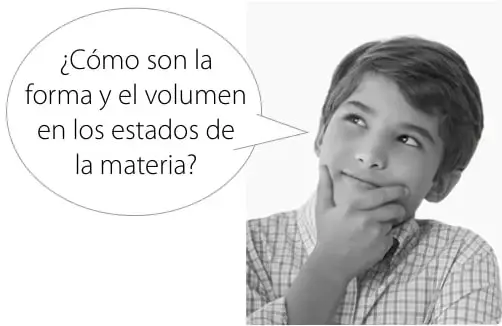 Niño pensativo con un globo de diálogo: '¿Cómo son la forma y el volumen en los estados de la materia?'