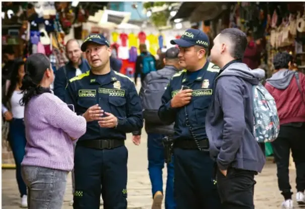 Fotografía de dos agentes de seguridad conversando con ciudadanos en un mercado o calle con comercio, ilustrando la vigilancia y la atención comunitaria.