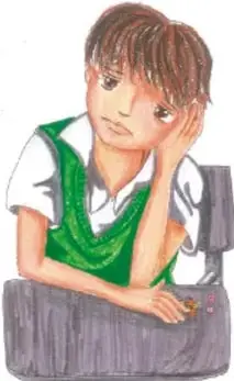 Niño pensativo con uniforme verde y blanco, apoyado en un escritorio.