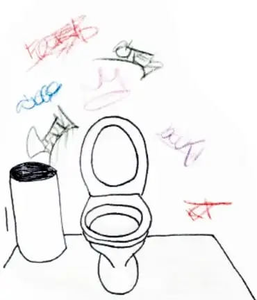 Ilustración de un baño con pintas y un bote de basura, que representa actos de vandalismo.
