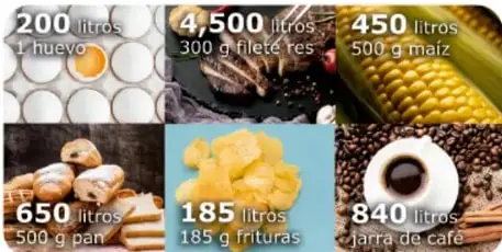Infografía con seis alimentos y la cantidad de litros de agua virtual requerida para producirlos