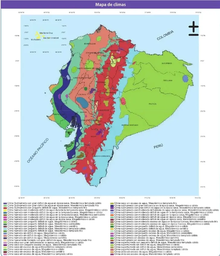 Mapa de climas del Ecuador continental y de las islas Galápagos. Utiliza varios colores para representar diferentes condiciones climáticas y muestra también los países vecinos, el océano Pacífico y las principales provincias.