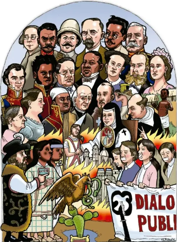 Ilustración con un arco en el que se reúnen numerosos personajes de la historia de México (figuras coloniales, independentistas, revolucionarias, religiosas y contemporáneas), junto a un águila sobre un nopal, llamas y un cartel que dice 'DIALOGO PÚBLICO'.