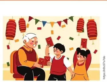 Abuelo sentado y dos nietos sosteniendo sobres rojos; linternas rojas y banderines colgando del techo.