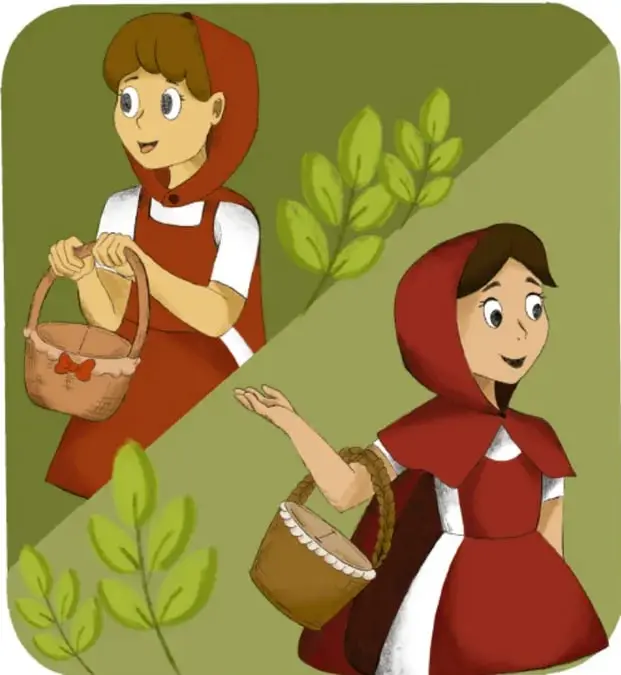 Ilustración de dos niñas caracterizadas como Caperucita Roja con canastas, una con capa roja y otra con delantal, rodeadas de hojas verdes.