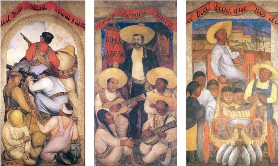 Tres murales con escenas de la Revolución Mexicana: soldados armados, campesinos con guitarra y la bandera 'Tierra y Libertad', y una familia trabajando la tierra.