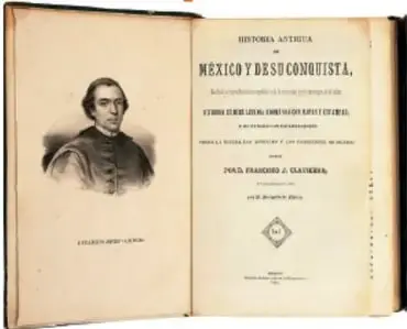 Libro abierto Historia antigua de México y de su conquista, con retrato de Clavijero en la página izquierda.