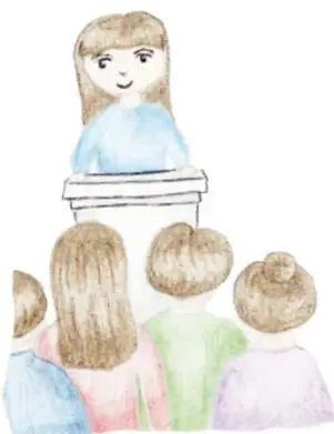 Ilustración de una niña exponiendo frente a un grupo de personas.