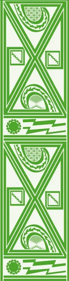 Ornamento vertical de diseño geométrico estilo prehispánico en tonos verdes: cruces en equis, triángulos, escalinatas, rosetas y figuras serpentiformes repetidas en dos módulos idénticos.