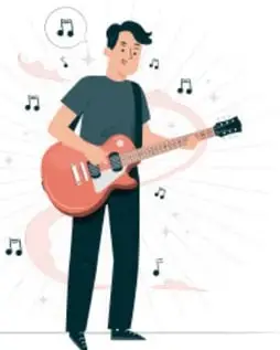 Ilustración de un niño tocando una guitarra eléctrica con notas musicales alrededor.