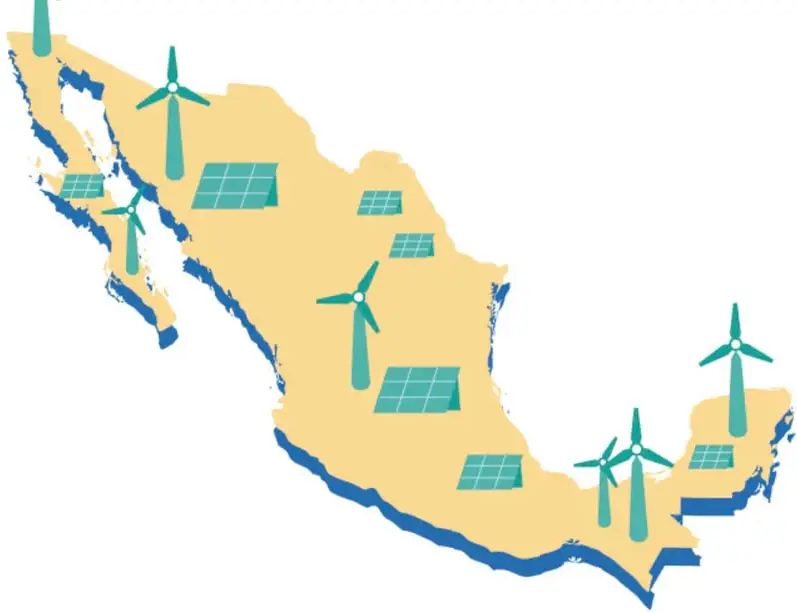 Mapa de México en color arena con aerogeneradores verdes y paneles solares celestes distribuidos en el territorio, representando parques eólicos y fotovoltaicos.
