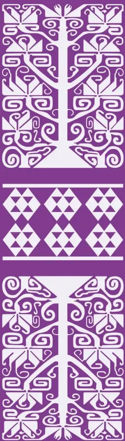 Patrón decorativo prehispánico en color morado con motivos geométricos simétricos: grecas escalonadas, triángulos, rombos y espirales que forman diseños repetidos.