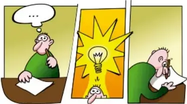 Tira cómica de tres viñetas: una persona pensando (glóbulo con puntos suspensivos), una bombilla encendida con destello (idea) y la persona escribiendo motivada.