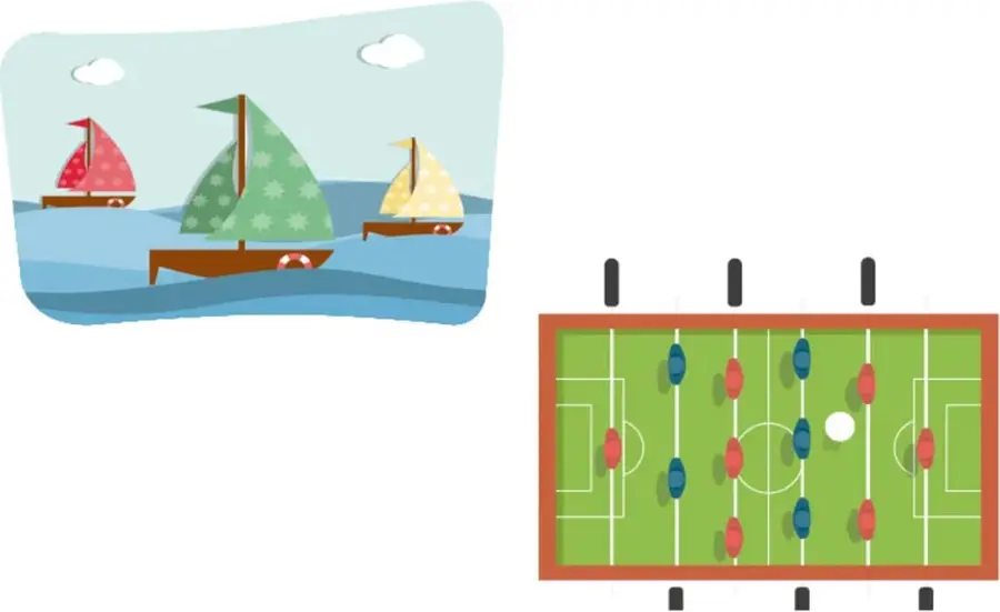 Tres veleros navegando en el mar: uno con vela roja, otro con vela verde y otro con vela amarilla.