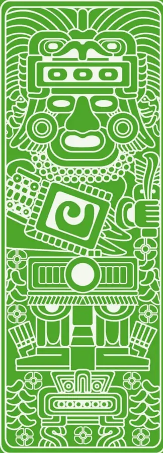 Ilustración vectorial monocromática verde sobre fondo blanco: figura estilizada de un ser o deidad de estilo mesoamericano (posiblemente maya/azteca) con rasgos antropomorfos, adornos, máscaras y elementos simbólicos, enmarcada en un rectángulo con borde doble; representa expresiones culturales indígenas.