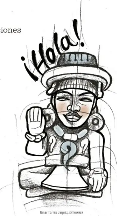 Ilustración de una persona indígena saludando con la mano y la palabra «¡Hola!»; autor Omar Torres Jaques, Chihuahua.