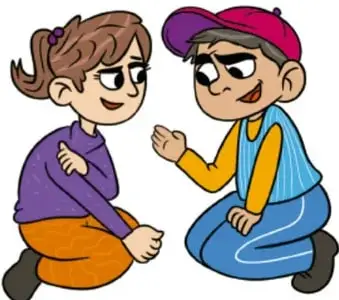 Ilustración de dos niños conversando, obra de Saintda Yeshen Garduño Castillo, Ciudad de México.