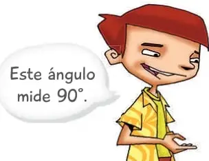 Personaje que señala una pizarra con una esquina marcada y dice 'Este ángulo mide 90 grados'.