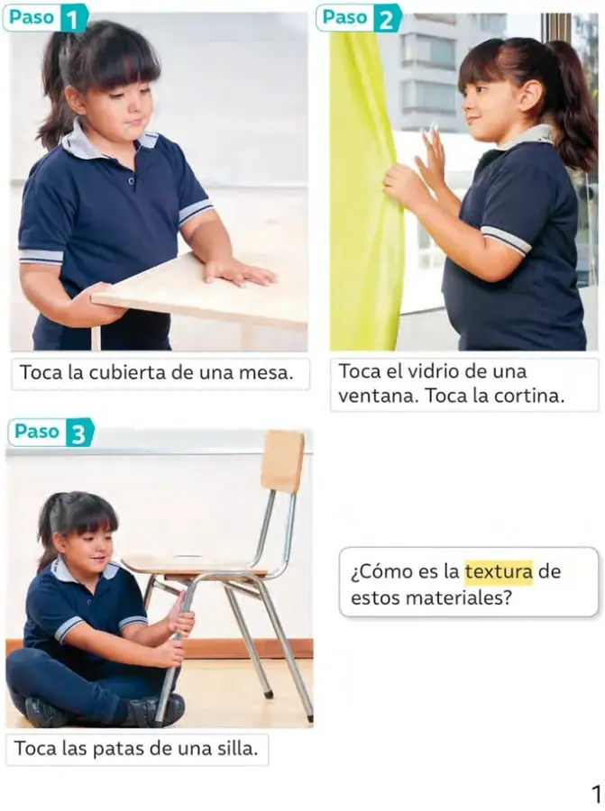 Paso 1: niña con uniforme escolar apoya ambas manos sobre la cubierta de una mesa.