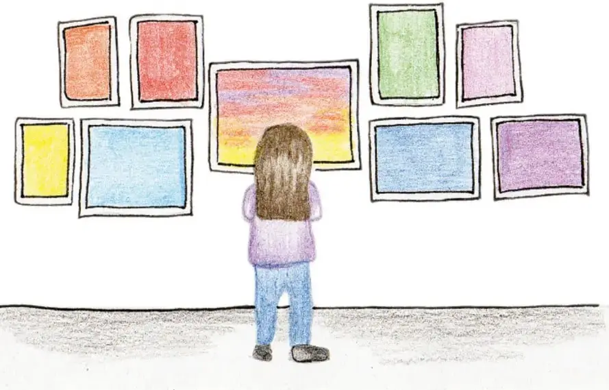 Dibujo a colores de una niña de espaldas (cabello castaño largo, suéter morado, pantalón azul) frente a una pared con nueve cuadros de colores estilo galería de arte. Crédito vertical: Festus, Ciudad de México.