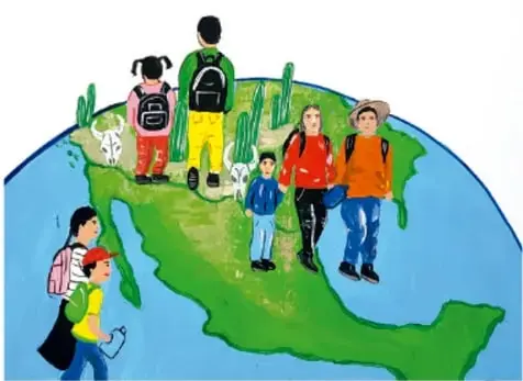 Ilustración de un grupo de migrantes con mochilas caminando sobre un mapa de México; crédito a Alex Flores Ávila, Puebla.