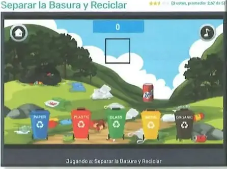 Captura del juego con recipientes identificados para papel, plástico, vidrio, metal y residuos orgánicos.
