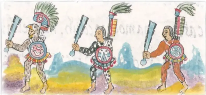 Ilustración de códice: tres guerreros mexicas con macanas y escudos circulares, penachos de plumas y trajes decorados, en un paisaje de montañas.