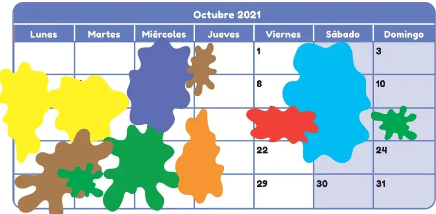 Calendario de octubre de 2021 (lunes a domingo) cubierto por manchas de témpera amarilla, café, morada, verde, azul, naranja, roja y verde pequeña; la mancha roja tapa el casillero del viernes de la tercera semana.
