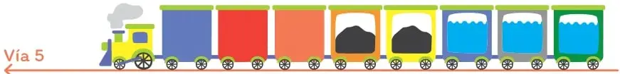 Tren con locomotora a la izquierda y siete vagones de carga a la derecha.
