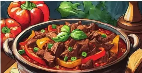 Ilustración de un caldero con ropa vieja, pimientos rojos y verduras.