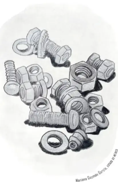 Ilustración de tuercas, tornillos y arandelas metálicas, con crédito a Mariana Guzmán García.