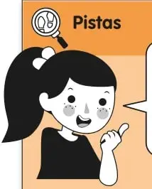 Niña con lupa señalando la pista sobre múltiplos comunes.