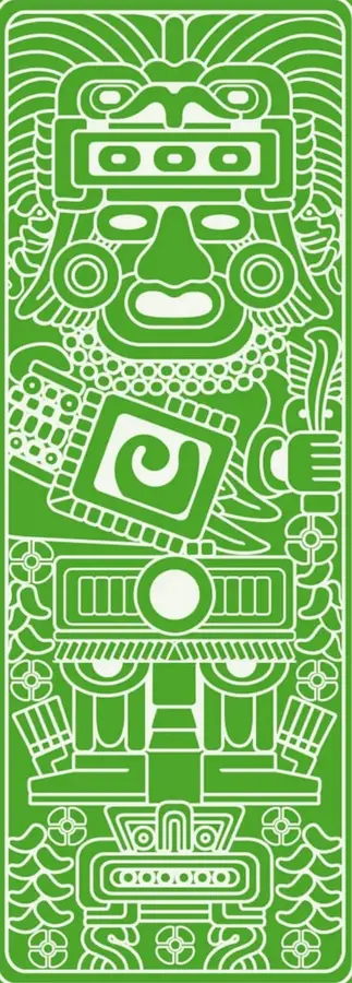 Ilustración decorativa de estilo mesoamericano en blanco sobre fondo verde, que muestra una figura estilizada con rasgos prehispánicos, adornos geométricos y símbolos, representando el universo cultural indígena.