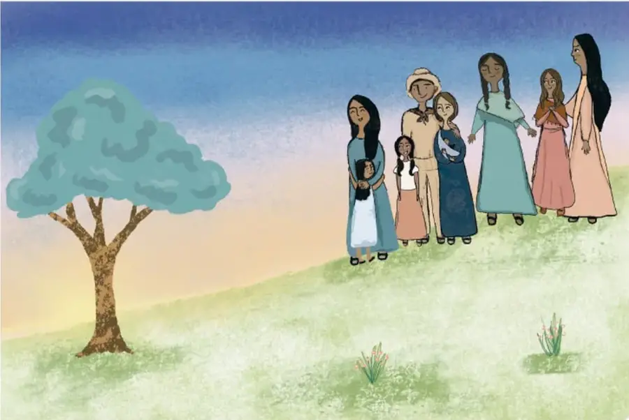 Ilustración de un grupo de personas afrodescendientes de pie en una colina verde, con un árbol a la izquierda y un cielo que va del azul al amarillo. Representa la fundación del pueblo libre.