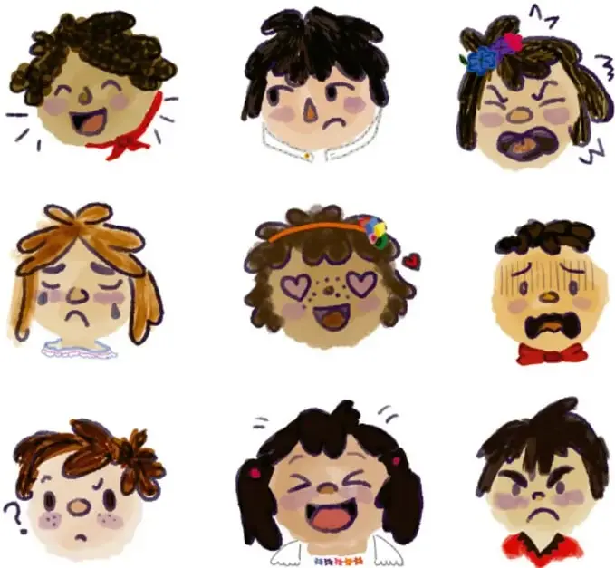 Nueve rostros infantiles dibujados que expresan distintas emociones: alegría, tristeza, enojo, sorpresa, miedo, amor, confusión, risa y enfado.