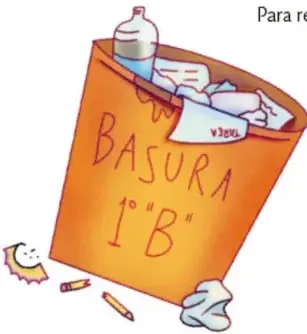 Ilustración de un contenedor naranja rotulado 'BASURA 1° B' con residuos. Crédito: Karina Eréndira Pérez Olmos, MICHOACÁN.