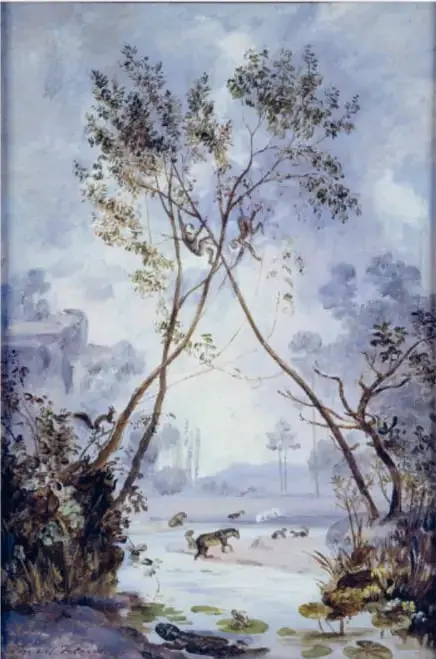 Pintura 'Flora y fauna del período Cenozoico Mioceno': vegetación ribereña con animales prehistóricos junto al agua.